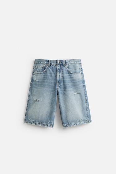 BERMUDA EN DENIM COUPE AMPLE DÉCHIRURES - Bleu moyen de Zara