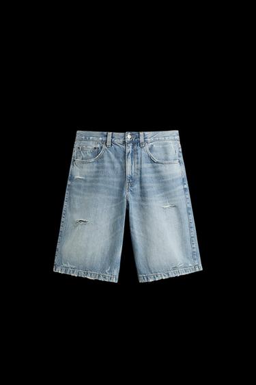 RIPPED BAGGY FIT DENIM BERMUDA SHORTS - Mid-blue by Zara - Image 0