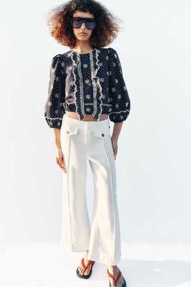 BLOUSE WITH CUTWORK EMBROIDERY AND DOTS - Navy blue by Zara