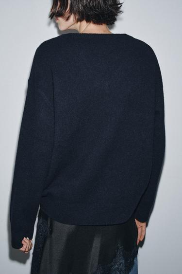 100% WOOL V-NECK JUMPER - Navy blue by Zara - Image 2