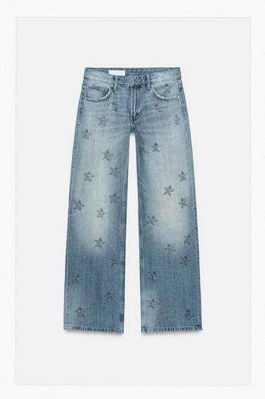 Zara TRF WIDE LEG RHINESTONE LOW RISE JEANS - Blue