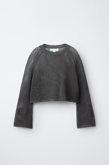 Zara STRIPED OPENWORK KNIT JUMPER - Anthracite grey