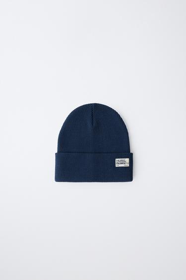 RIBBED KNIT BEANIE WITH LABEL - Navy blue by Zara