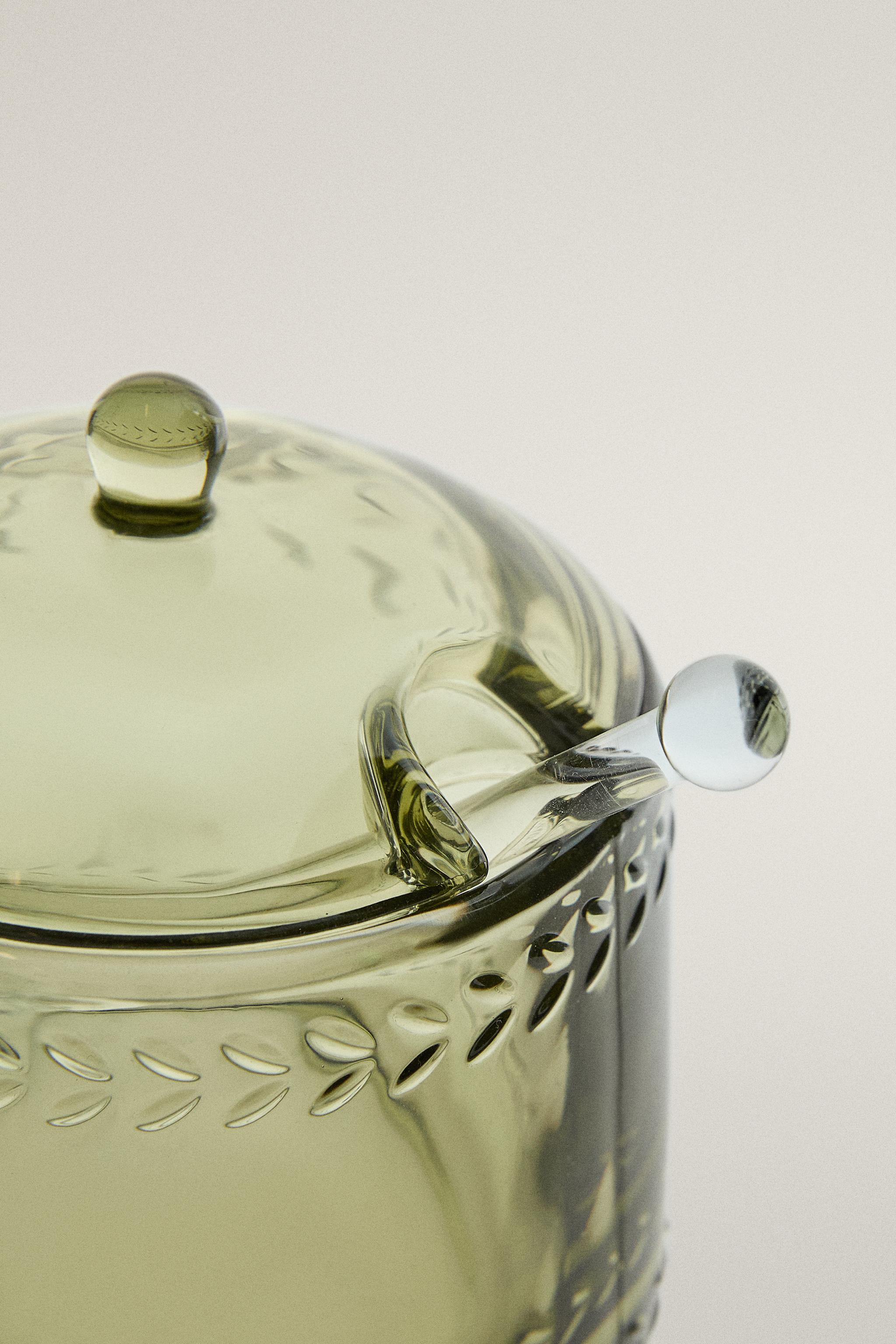 CHRISTMAS GLASS SUGAR BOWL WITH RELIEF DETAILS