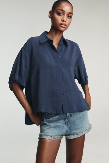 CAMISA FLUIDA MANGA CURTA - Azul-marinho da Zara