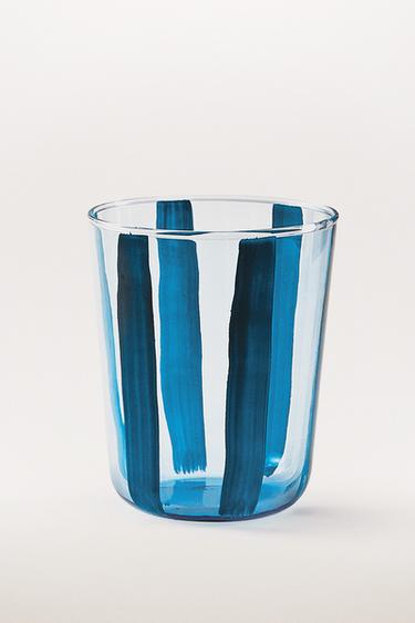 Zara GLASS TUMBLER WITH LINE DESIGN - Blue
