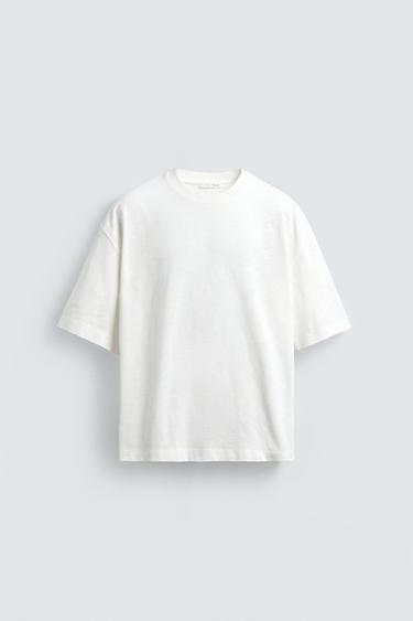 Zara 洗舊竹節棉紋理 T 恤 - 白色