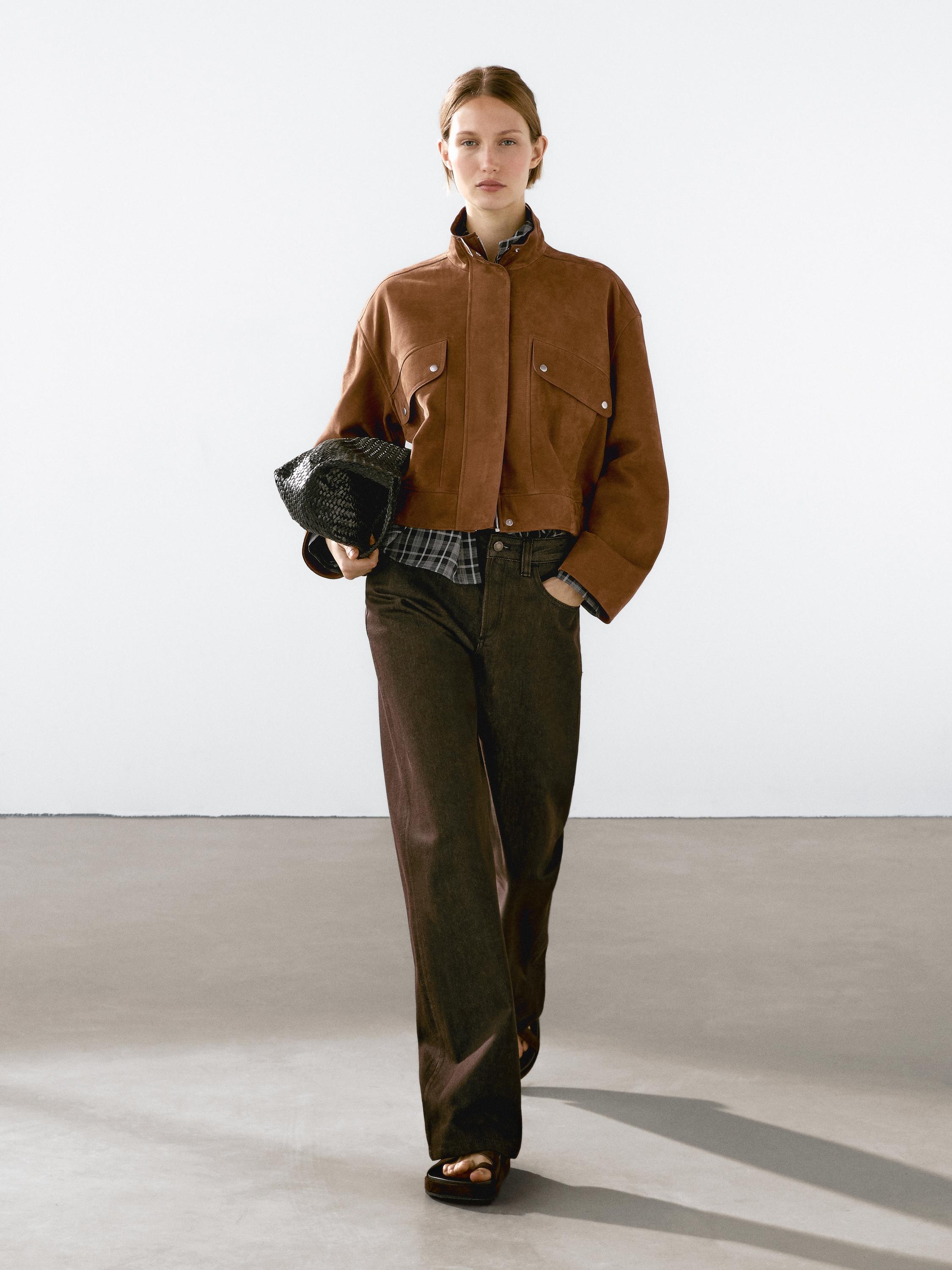 Nubuck suede leather bomber jacket - Brandy | ZARA United States
