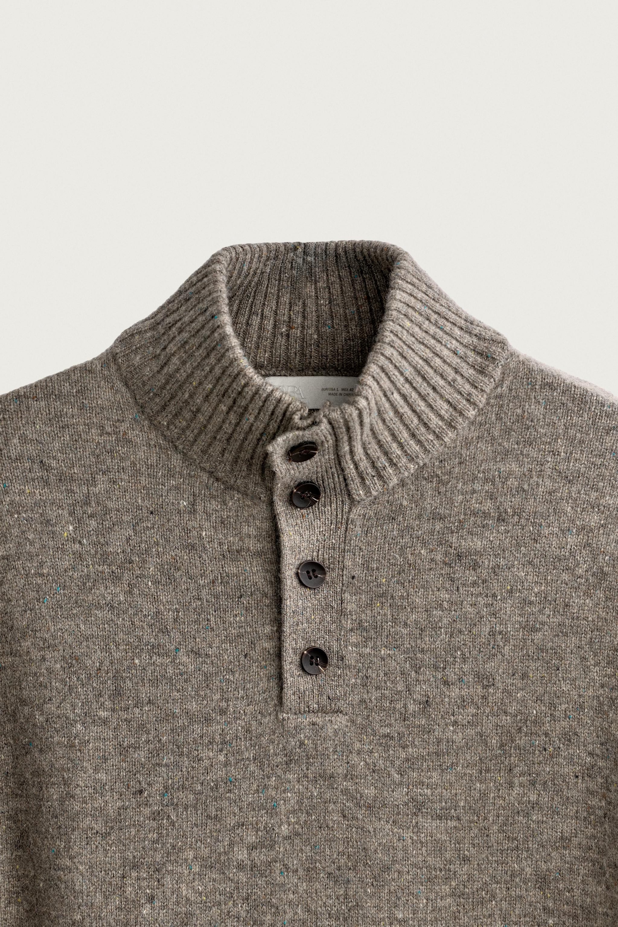 100% WOOL MOCK NECK BUTTON SWEATER