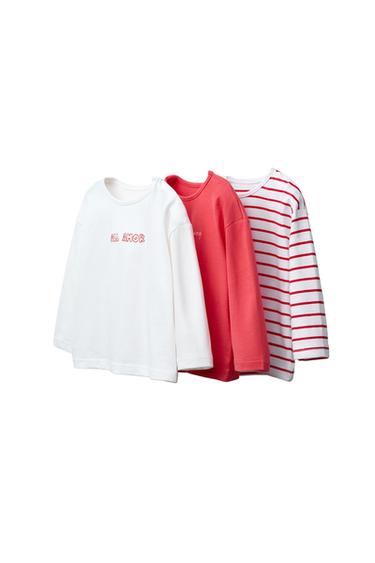 PACK TRES CAMISETAS RAYAS Y TEXTO BORDADO - Rojo de Zara - Imagen 0