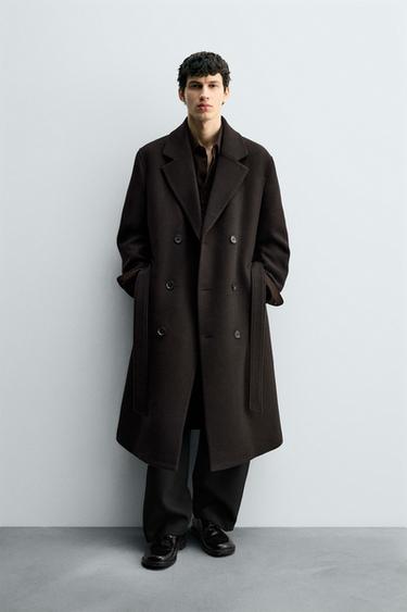 DOUBLE-BREASTED WOOL BLEND COAT WITH BELT - Brown by Zara