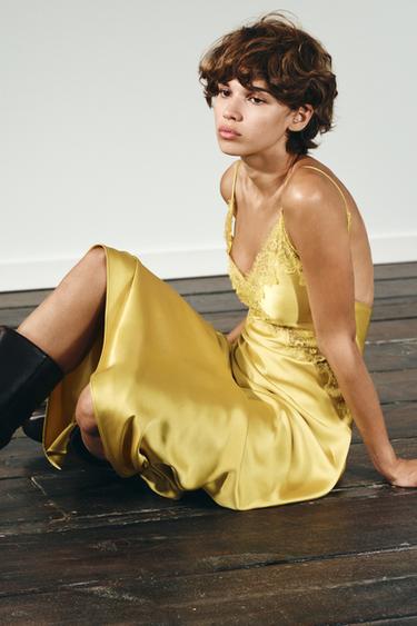 SATIN MIDI DRESS WITH LACE - Grapefruit yellow by Zara - Image 4