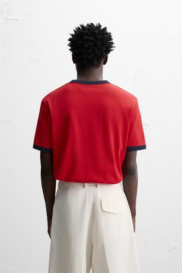 T-SHIRT WITH CONTRASTING RIBBED TRIMS - Red by Zara - Image 2