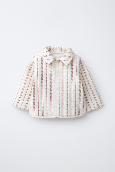 EMBROIDERED STRIPED QUILTED JACKET - Ecru / Maroon by Zara