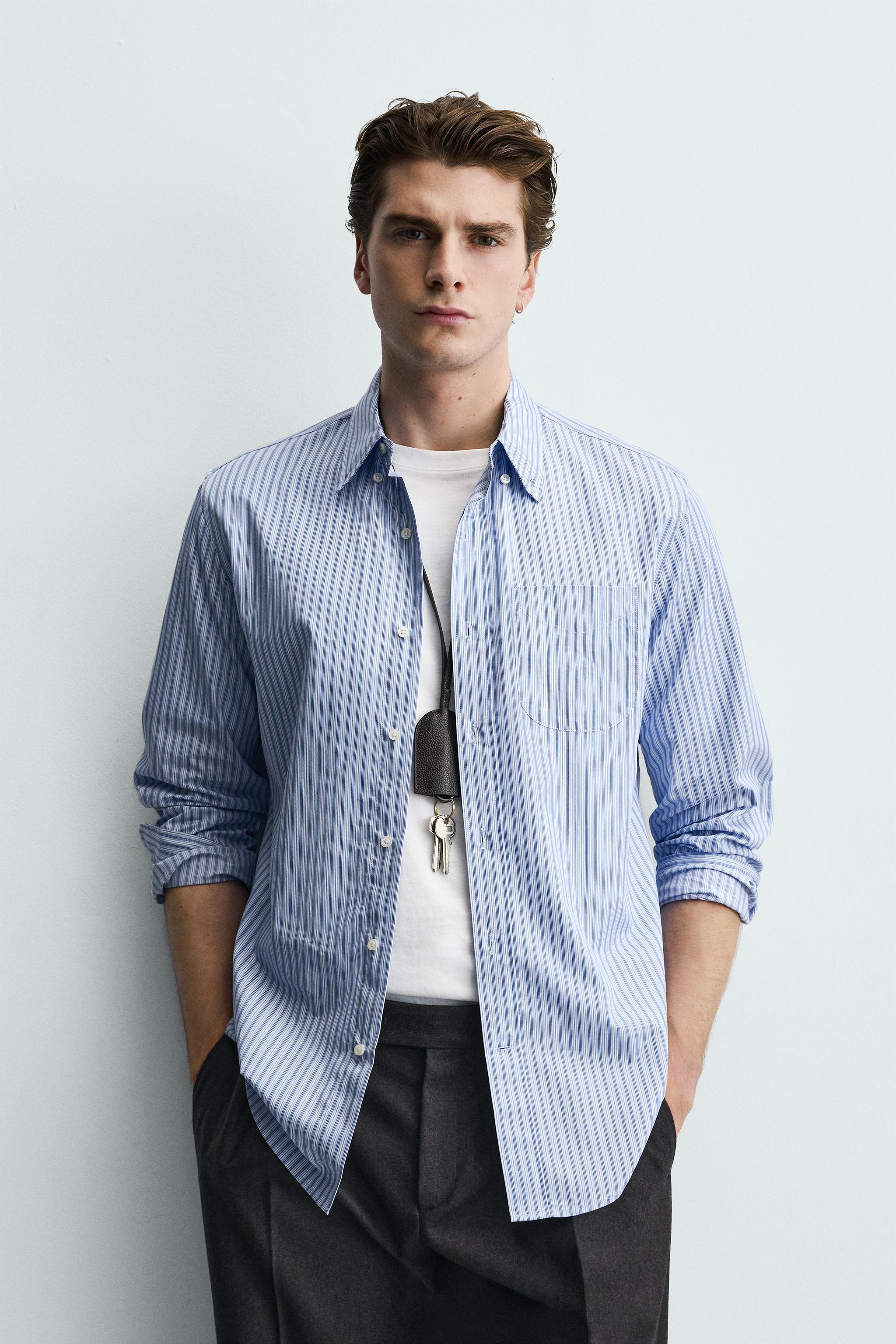 REGULAR FIT STRIPED SHIRT — White / Sky blue