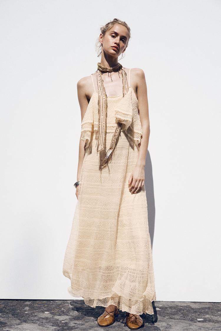 VESTIDO PUNTO POINTELLE VOLANTES Mantequilla ZARA Chile