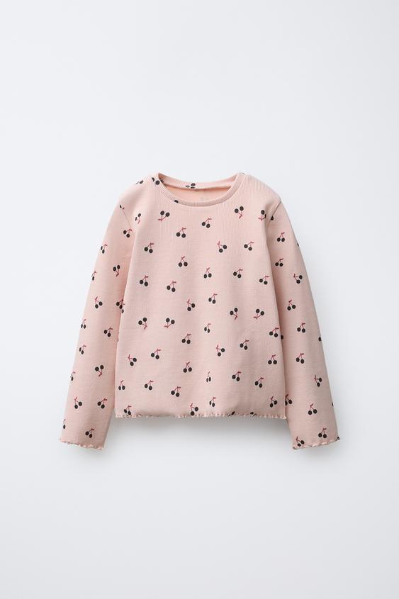 Pink Zara Polka Dot Sleeve Top PRINTED RIBBED T-SHIRT Pink ZARA