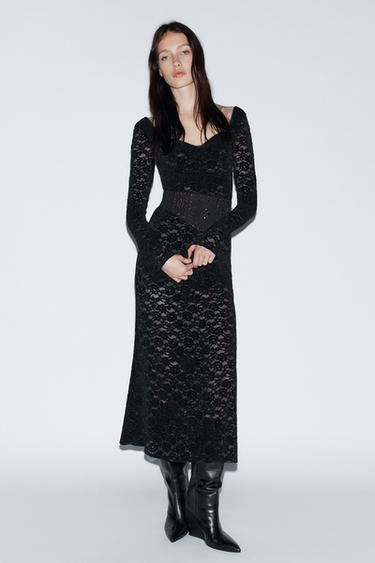 Zara LACE BELTED DRESS - Black