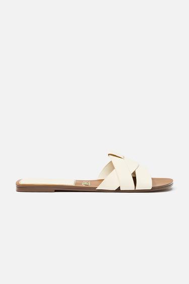 SANDÁLIA RASA EM PELE CRUZADA - Branco da Zara