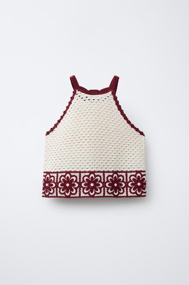 TOP DE MALHA COM CROCHÊ E FLORES - Cru da Zara