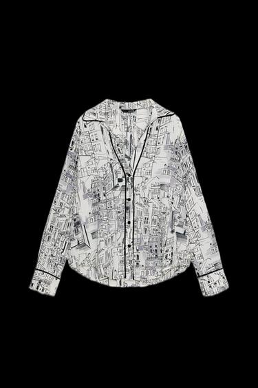 Zara PRINTED BLOUSE WITH TRIM - Ecru / Black - Image 0