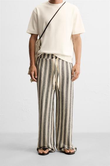 PANTALON JACQUARD RAYURES - Blanc / Bleu marine de Zara