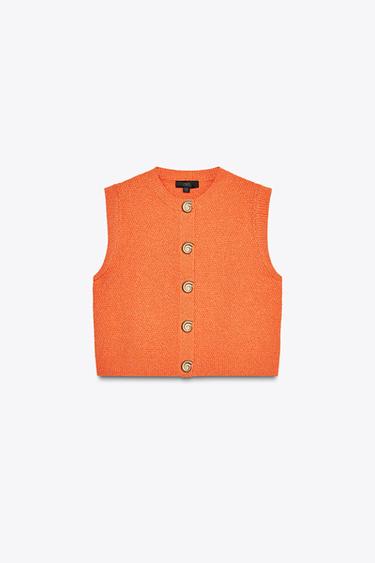 TOP GILET EN MAILLE BOUTON COQUILLAGE - Orange de Zara - Image 4