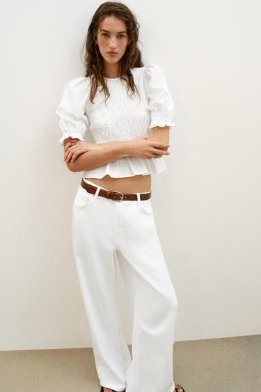 Zara SMOCKED PLAID TOP - White