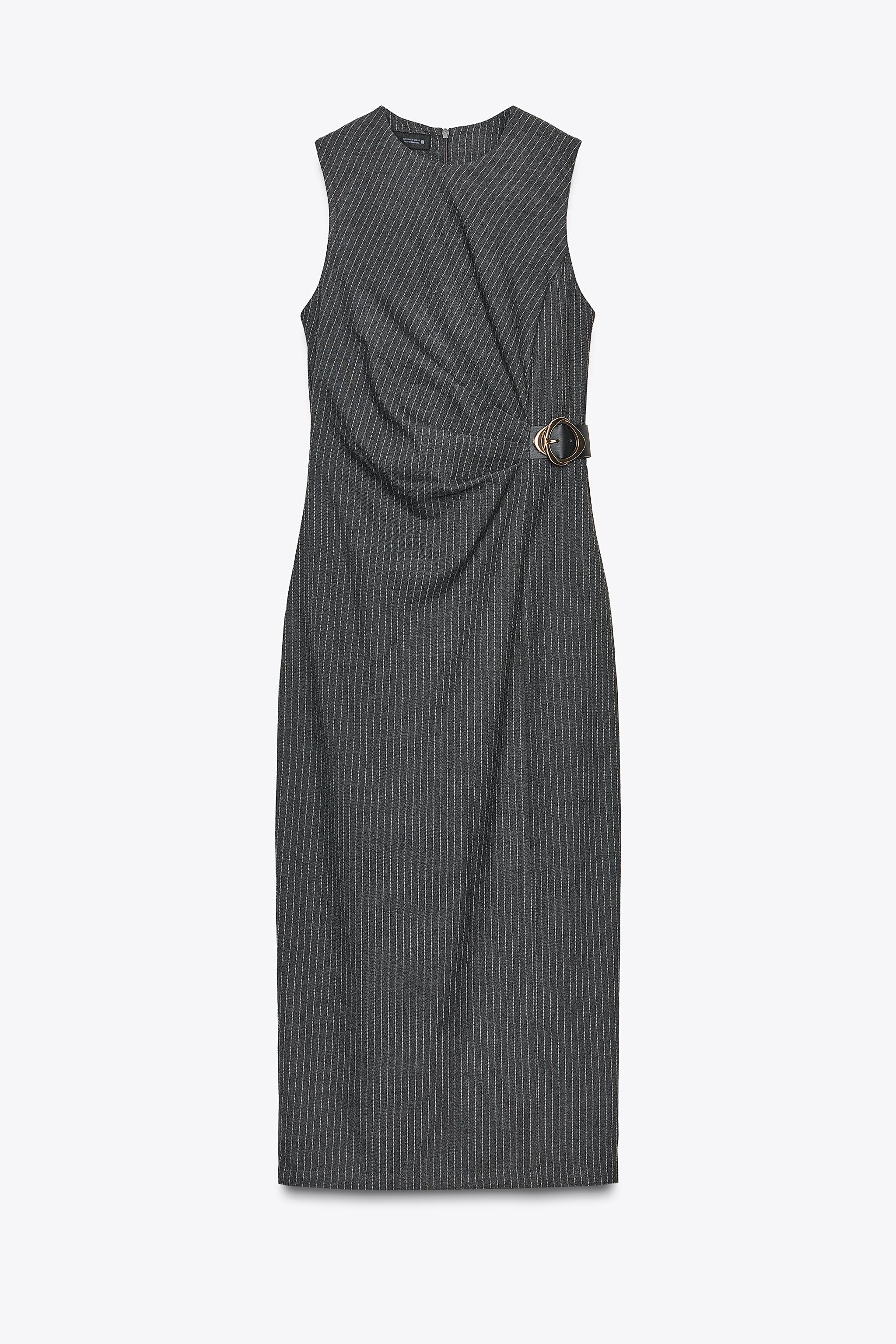 バックル付きストライプ柄ミディ丈ワンピース - グレー | ZARA