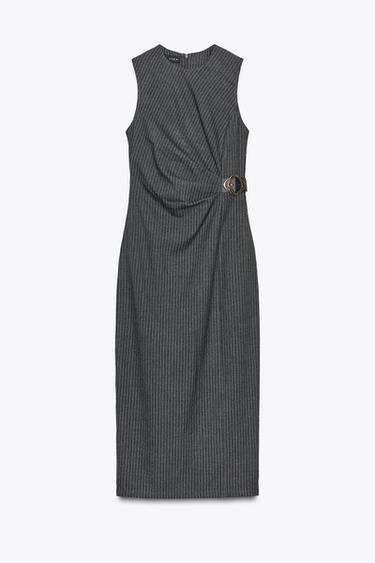 Zara Gri - TOKALI ÇİZGİLİ MİDİ ELBİSE