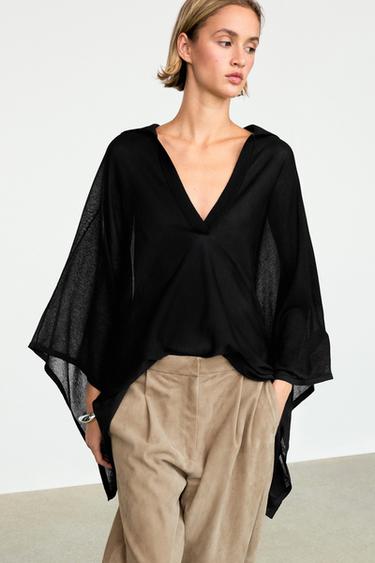 Metallic detail polo collar flowing cape — Black 2