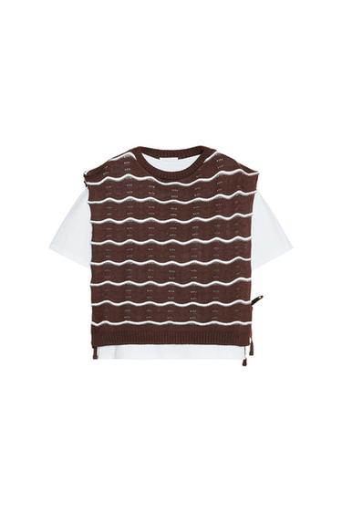 CONTRAST T-SHIRT WITH CHUNKY KNIT VEST DETAIL - brown/white by Zara - Image 0