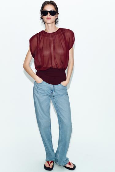 Zara COMBINATION GEORGETTE TOP - Chocolate