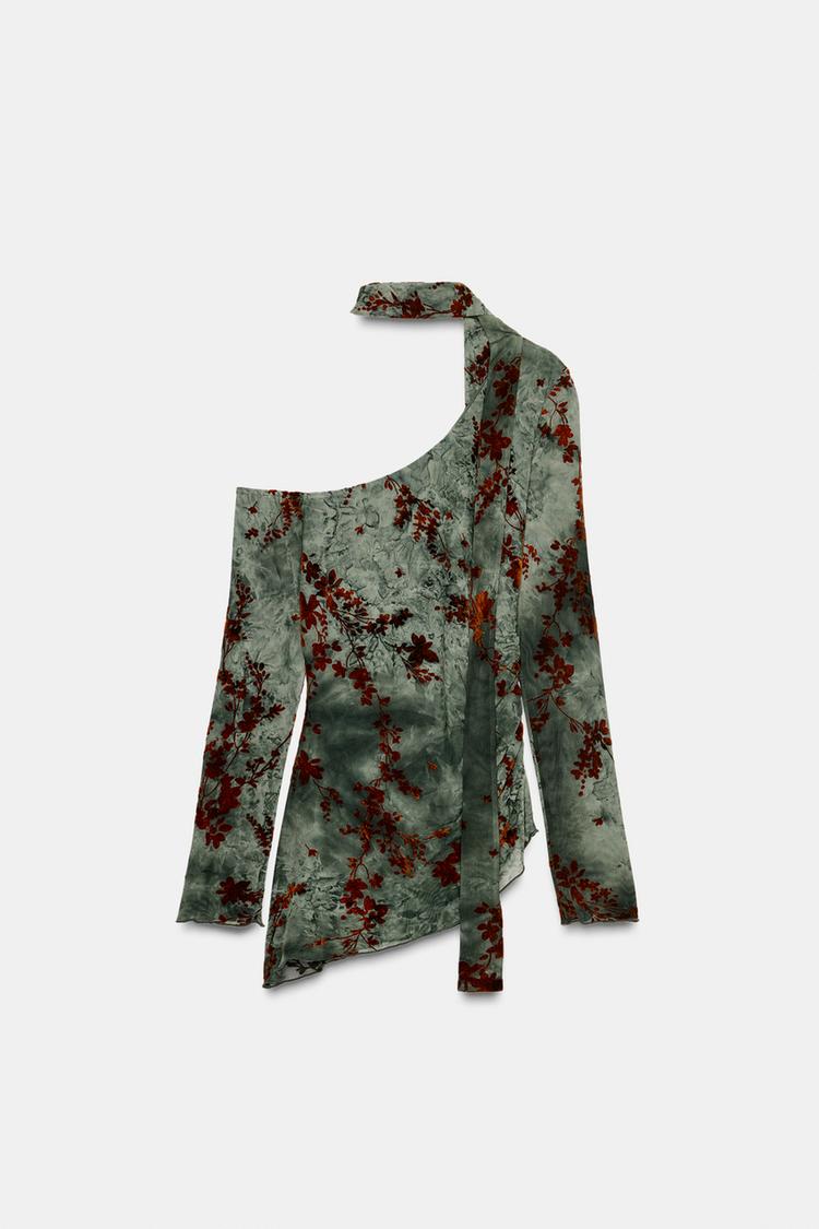 ASYMMETRIC FLOCKED TULLE TOP