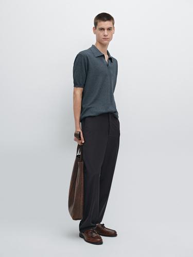 Zara Textured knit cotton and linen blend polo shirt - Petrol blue - Image 0