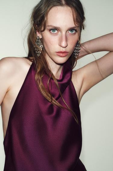 Zara SATIN EFFECT HALTER TOP - Burgundy