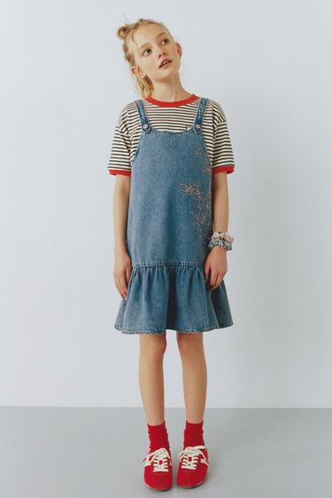 DENIM JURK MET GEBORDUURDE BLOEMEN - Blauw van Zara