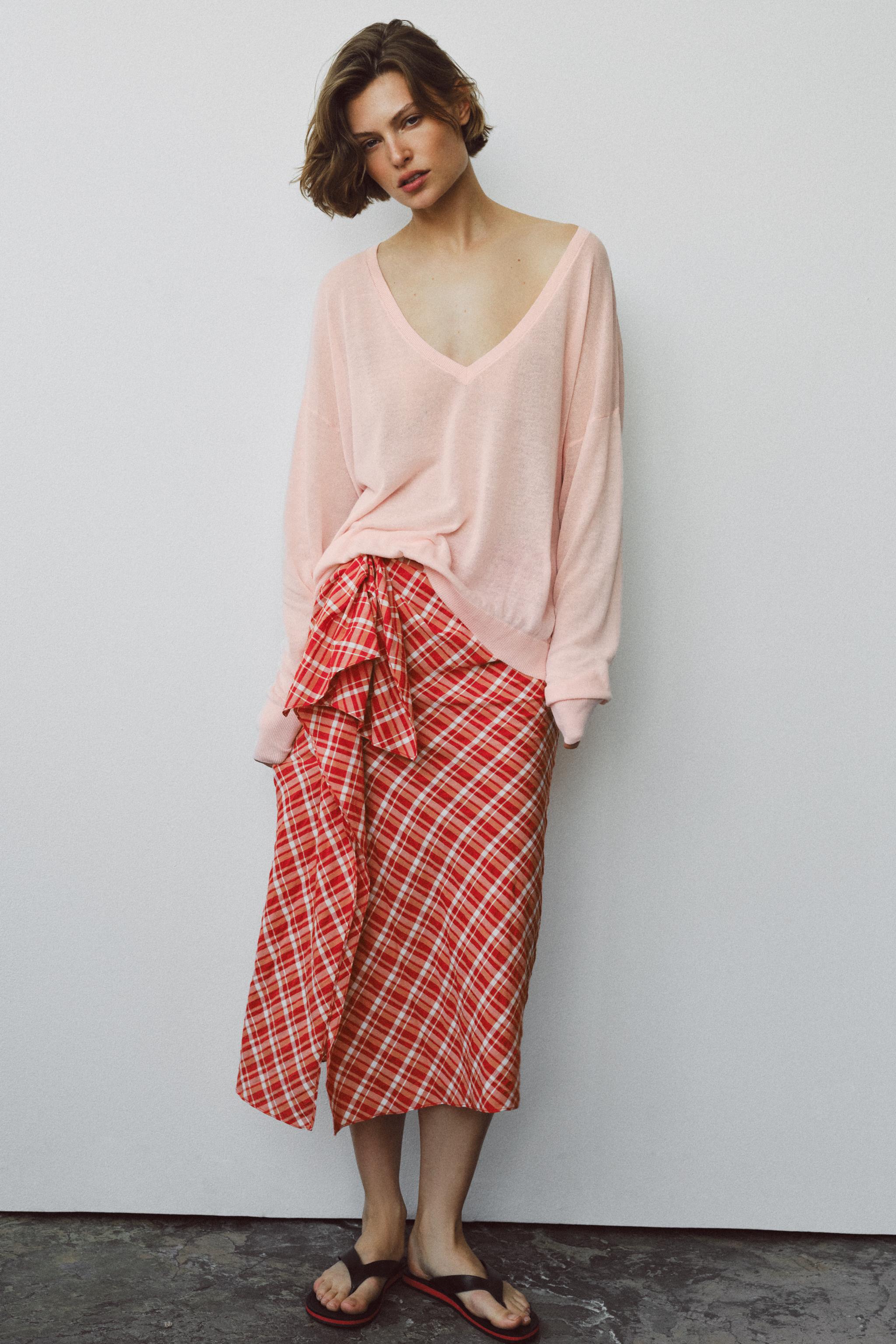 ZW COLLECTION CHECK MIDI SKIRT — Red