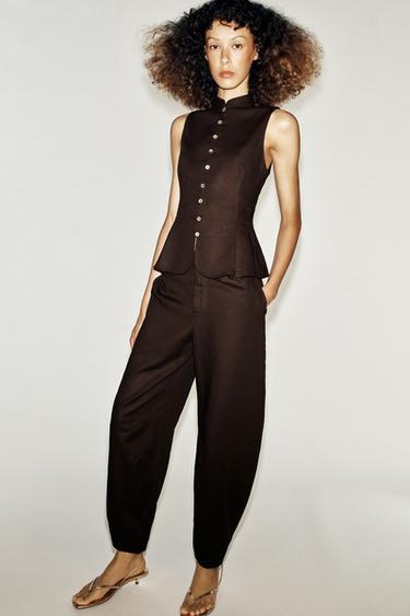 LINEN BLEND BARREL TROUSERS - Brown by Zara