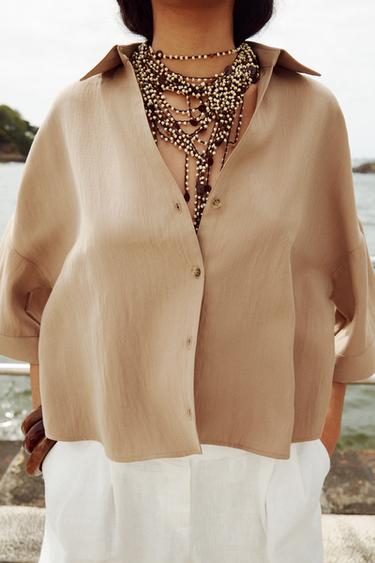 Zara WIDE SHORT SLEEVE SHIRT - Mid-camel