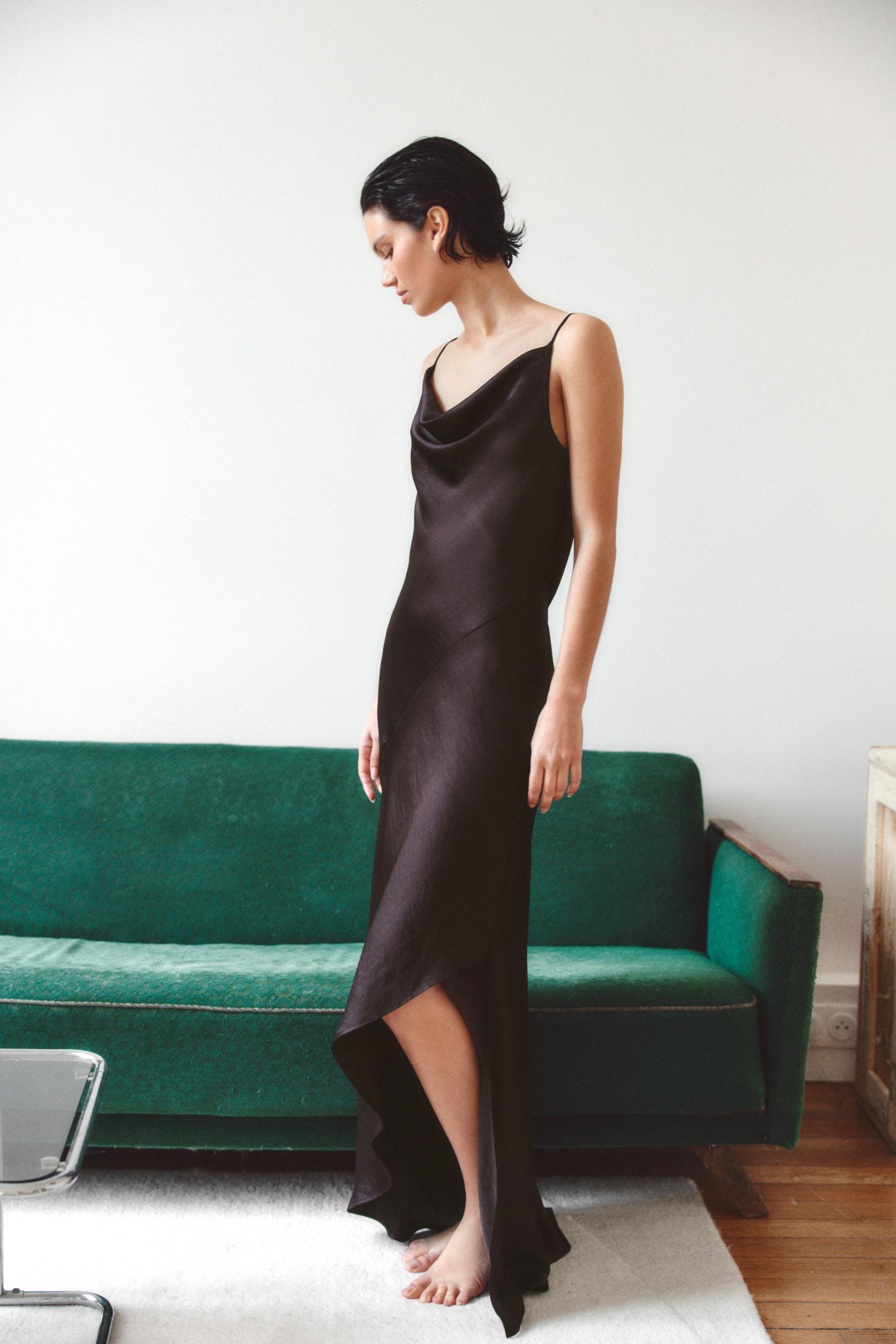 DRAPED NECK SATIN DRESS