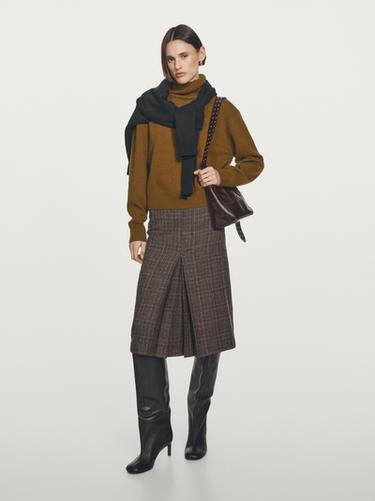 Jupe midi à carreaux 100 % laine - Marron foncé de Zara