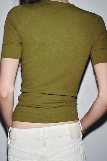 RIB SHORT SLEEVE T-SHIRT - Olive green by Zara