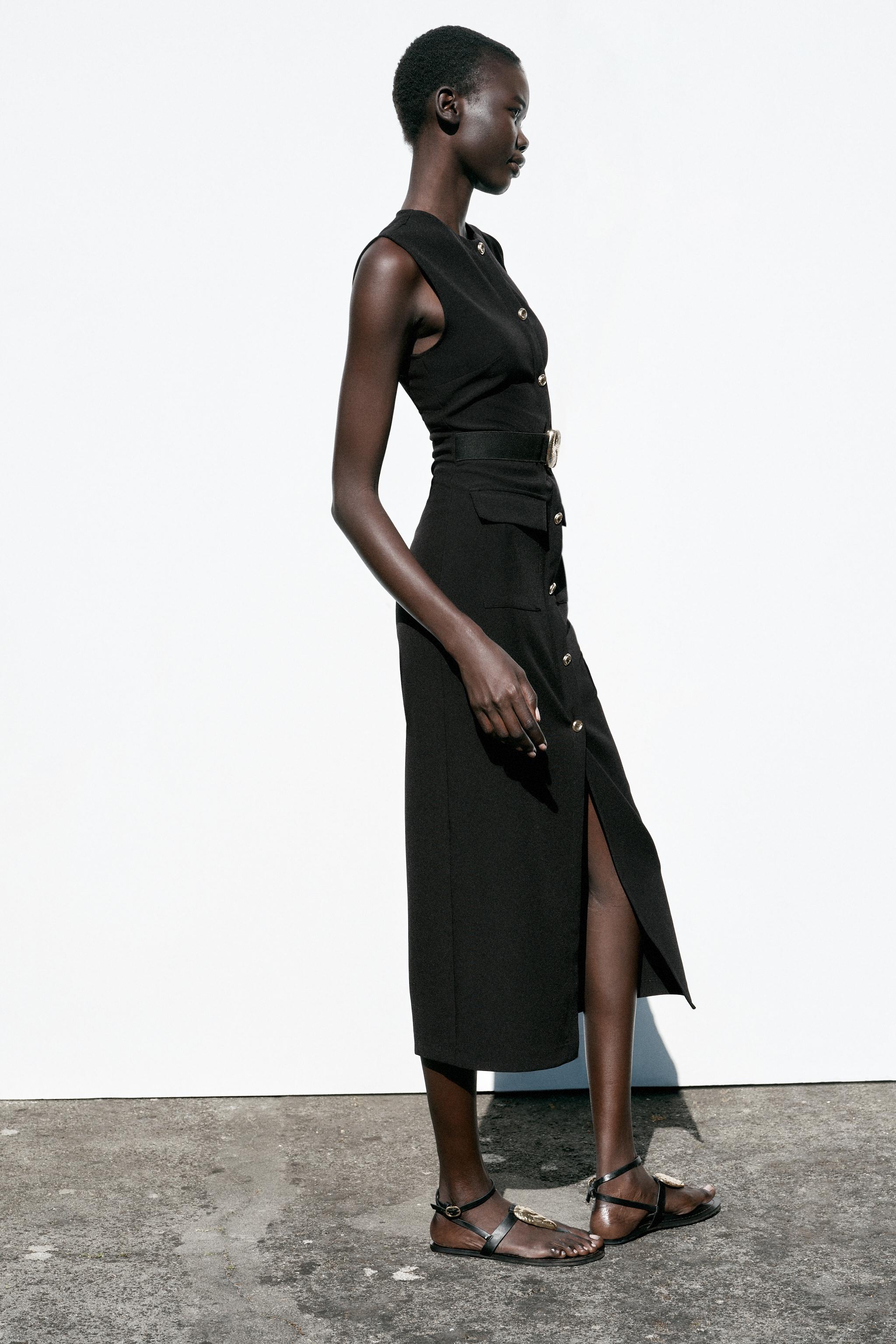 クレープ素材ベルト付きミディ丈ワンピース - ブラック | ZARA
