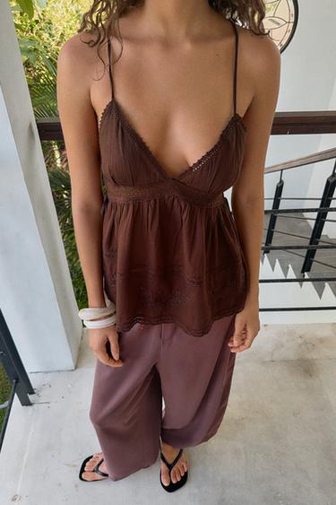 EMBROIDERED CHIFFON STRAPPY TOP - Brown by Zara - Image 1