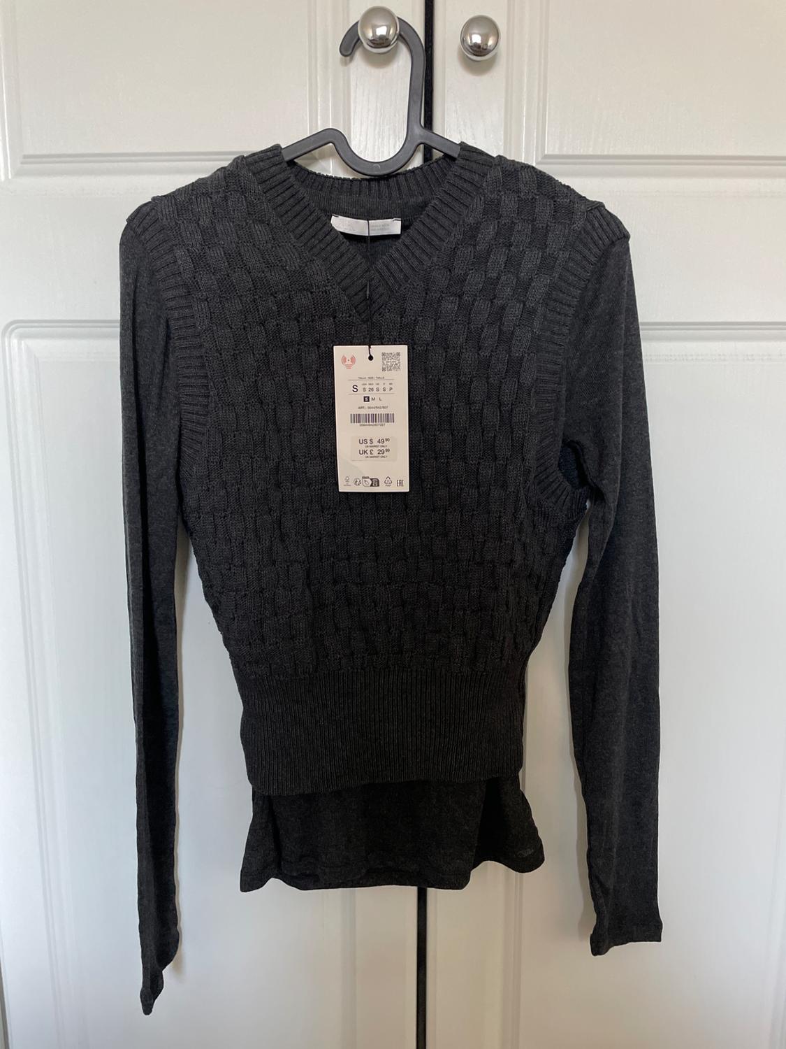 Dark grey textured knit V-neck jumper with long sleeves hanging on a white door. Label: S US $ 49.90 UK £ 29.99.