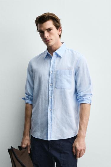 CAMISA REGULAR FIT LINHO - ALGODÃO - Azul-celeste da Zara