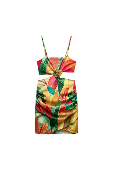 LINEN BLEND TROPICAL PRINT MINI DRESS