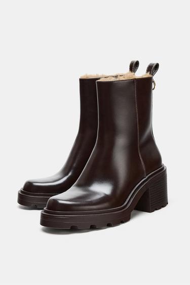 HEELED ANKLE BOOTS WITH FAUX FUR LINING - Brown by Zara - Image 1