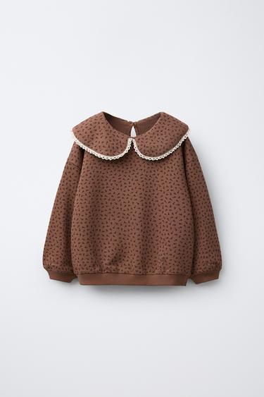 SUDADERA ESTAMPADA CUELLO BOBO PUNTILLA - Chocolate de Zara